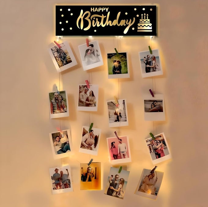HAPPY BIRTHDAY PHOTO WALL HANGING MEMORIES WALL HANGING HANGING PHOTO FRAMES FOR WALL DECORATION MOMENTS WALL HANGING PHOTOS HANGING FOR WALL DECORATION PHOTO FRAMES WITH LIGHT WITH CLIPS ROPE 70CM X 36CM