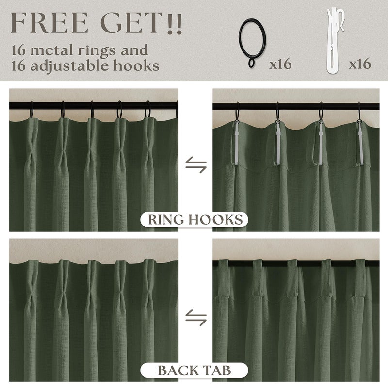 TWODRAPES Pleated Linen Olive Green Curtains 102 Inches Long 2 Panels Set for Living Room Bedroom Neutral Farmhouse Cotton Linen Blend Back Tab Memory Shape Pinch Pleat Ceiling Floor 102 Inch Window Curtain - Image 5