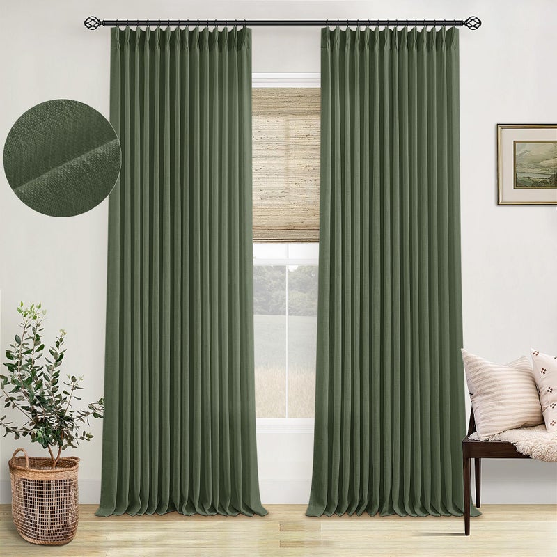 TWODRAPES Pleated Linen Olive Green Curtains 102 Inches Long 2 Panels Set for Living Room Bedroom Neutral Farmhouse Cotton Linen Blend Back Tab Memory Shape Pinch Pleat Ceiling Floor 102 Inch Window Curtain - Image 1