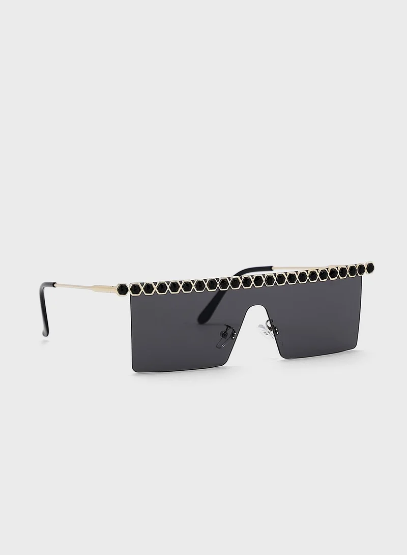 Ginger Coloured Jewel Trim Shield Sunglasses