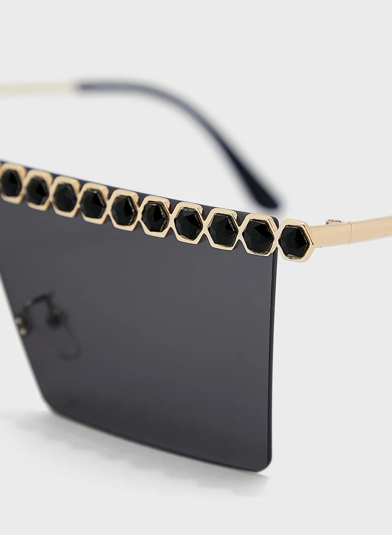 Ginger Coloured Jewel Trim Shield Sunglasses