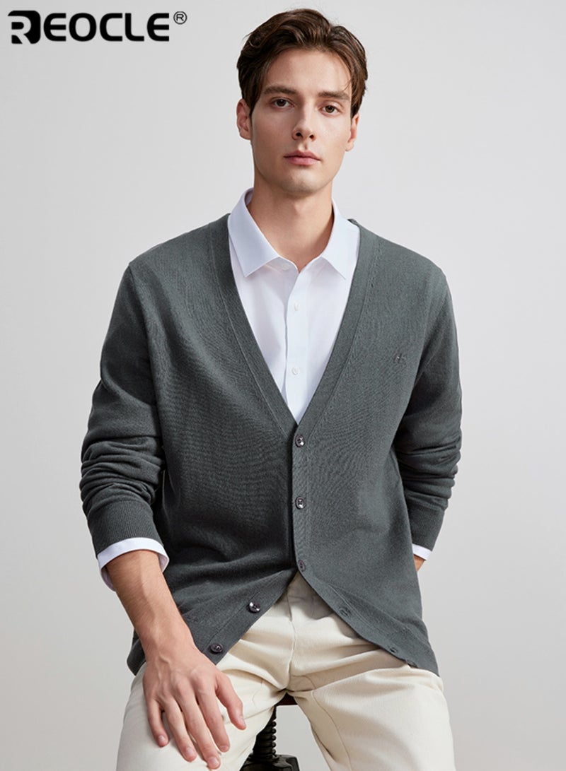 REOCLE Men's Knit Sweater with V-Neck Button Design Lightweight Long Sleeve Cardigan with Casual Comfort for Outdoor Layering - Image 2