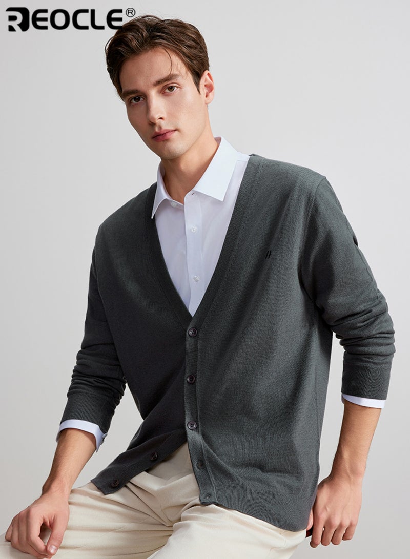 REOCLE Men's Knit Sweater with V-Neck Button Design Lightweight Long Sleeve Cardigan with Casual Comfort for Outdoor Layering - Image 1