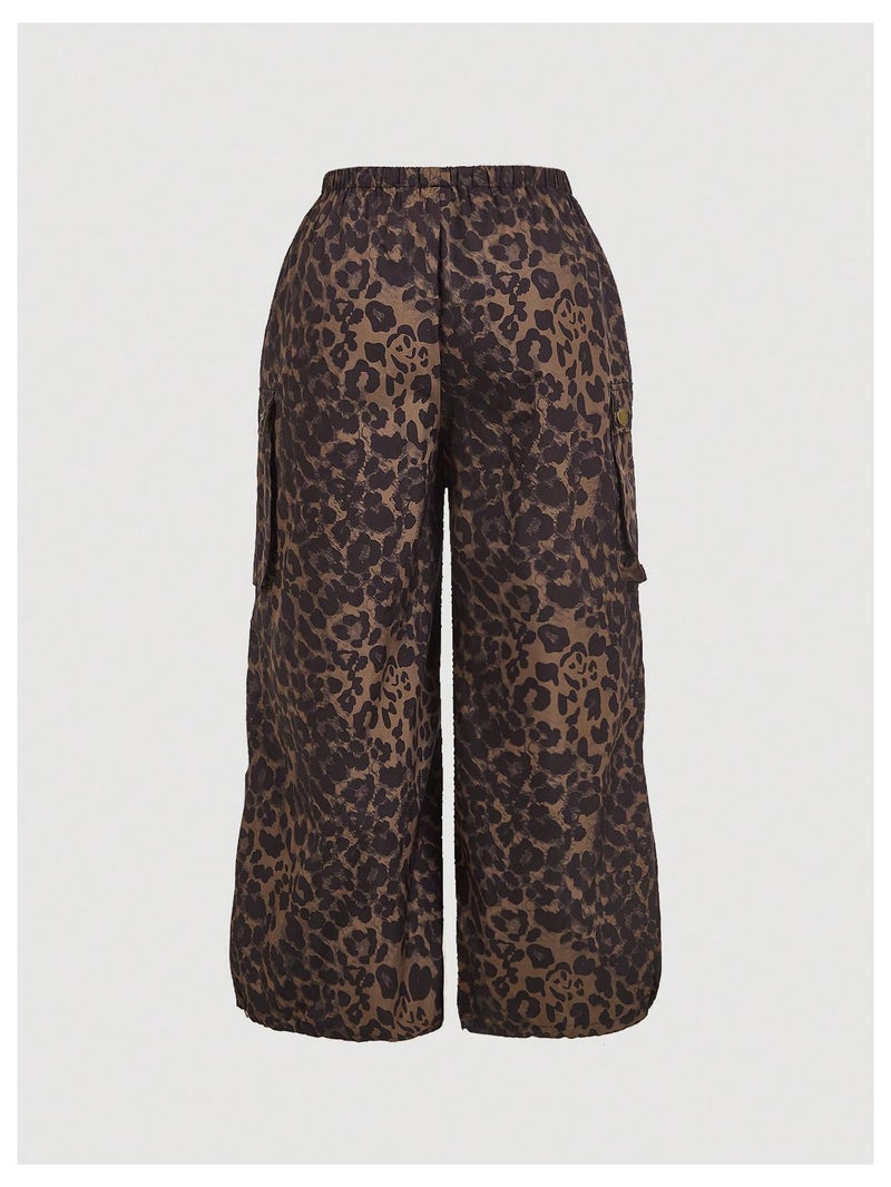 Verdusa Women's Plus Size Leopard Print Cargo Pants Drawstring High Waisted Wide Leg Baggy Trousers Leopard Brown 4X-Large Plus - Image 2