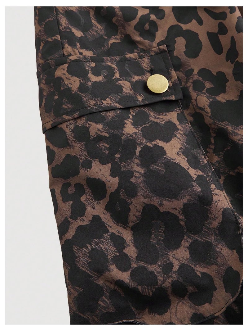 Verdusa Women's Plus Size Leopard Print Cargo Pants Drawstring High Waisted Wide Leg Baggy Trousers Leopard Brown 4X-Large Plus - Image 4