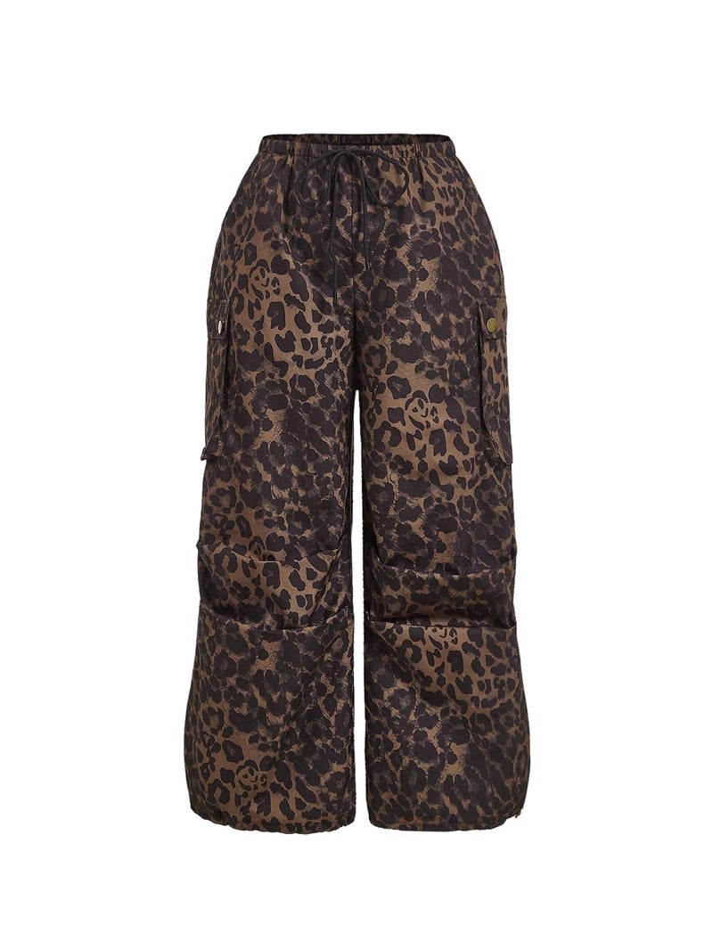 Verdusa Women's Plus Size Leopard Print Cargo Pants Drawstring High Waisted Wide Leg Baggy Trousers Leopard Brown 4X-Large Plus - Image 1