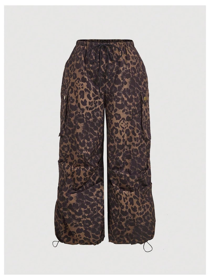 Verdusa Women's Plus Size Leopard Print Cargo Pants Drawstring High Waisted Wide Leg Baggy Trousers Leopard Brown 4X-Large Plus - Image 5