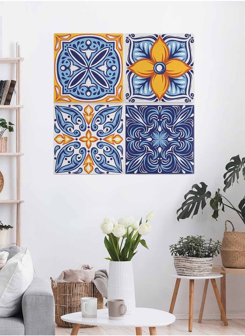 LOWHA Set Of 4 Framed Square Canvas Wall Arts Stretched Over Wooden Frame, Talavera Folk Ornament Painting, For Home, Living Room, Office Decor  - Image 1