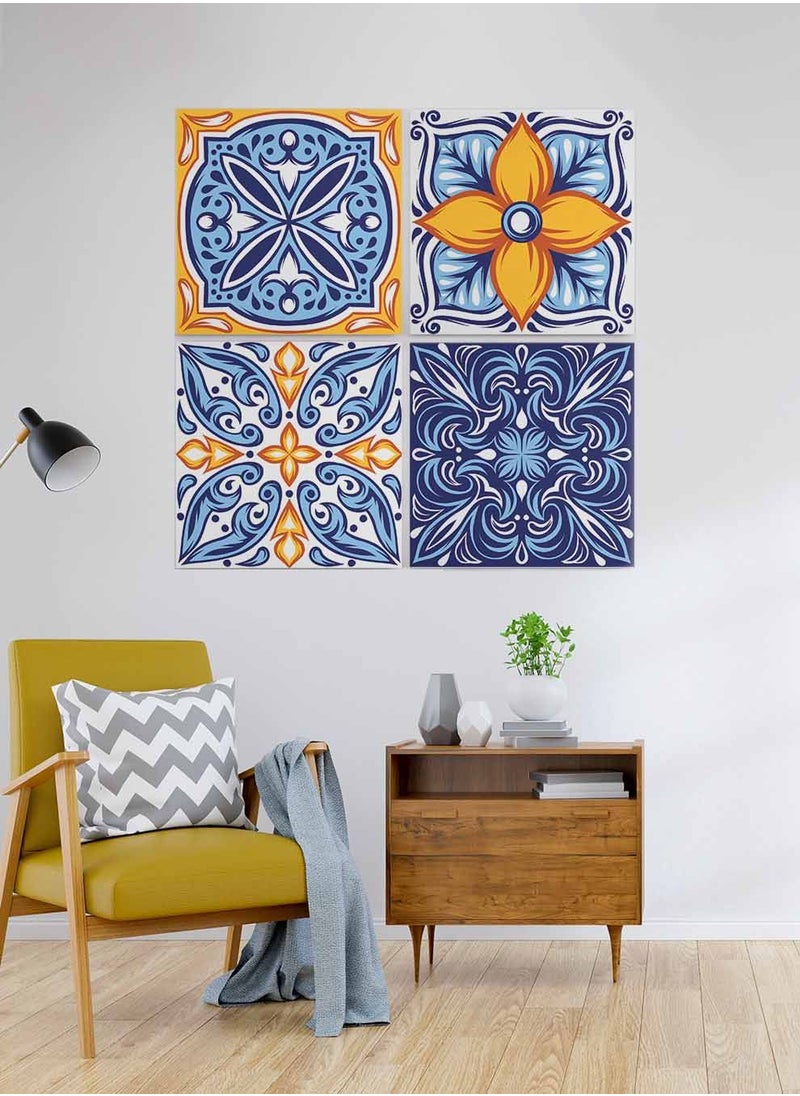 LOWHA Set Of 4 Framed Square Canvas Wall Arts Stretched Over Wooden Frame, Talavera Folk Ornament Painting, For Home, Living Room, Office Decor  - Image 3