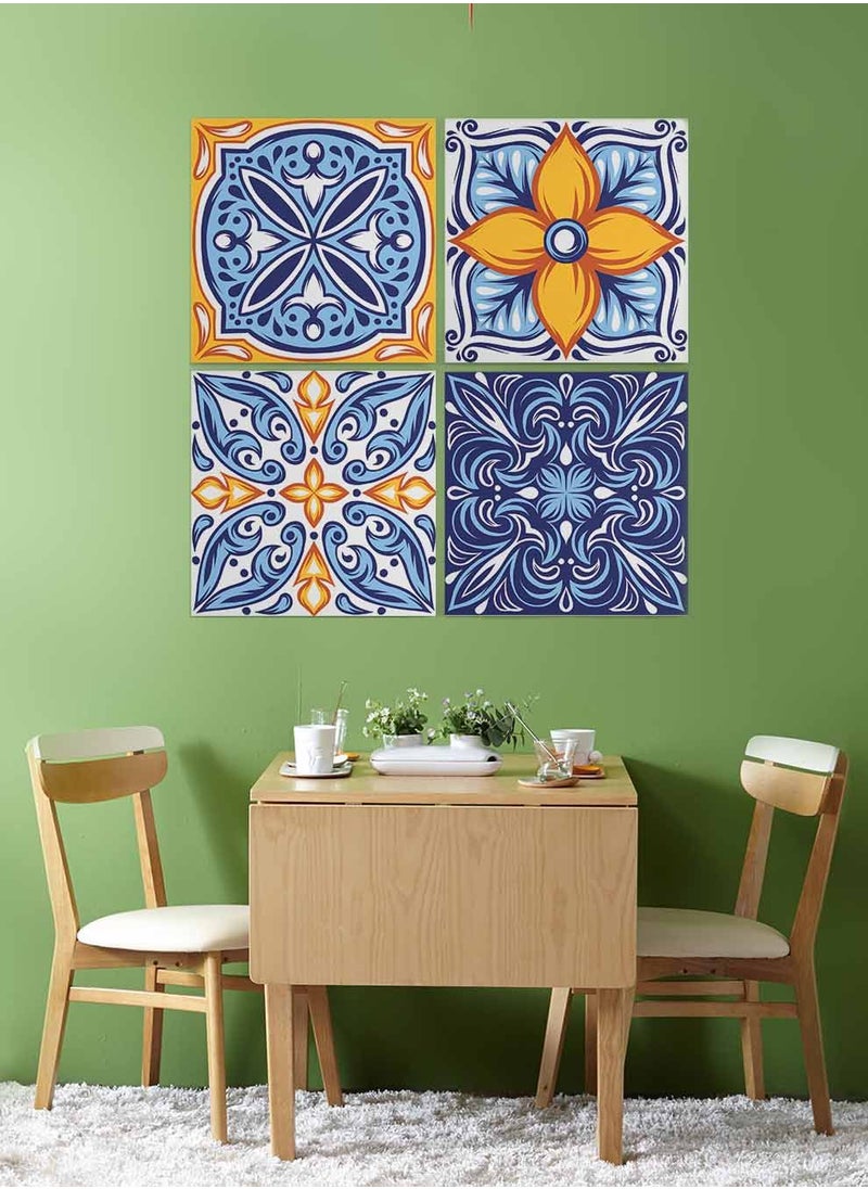 LOWHA Set Of 4 Framed Square Canvas Wall Arts Stretched Over Wooden Frame, Talavera Folk Ornament Painting, For Home, Living Room, Office Decor  - Image 2