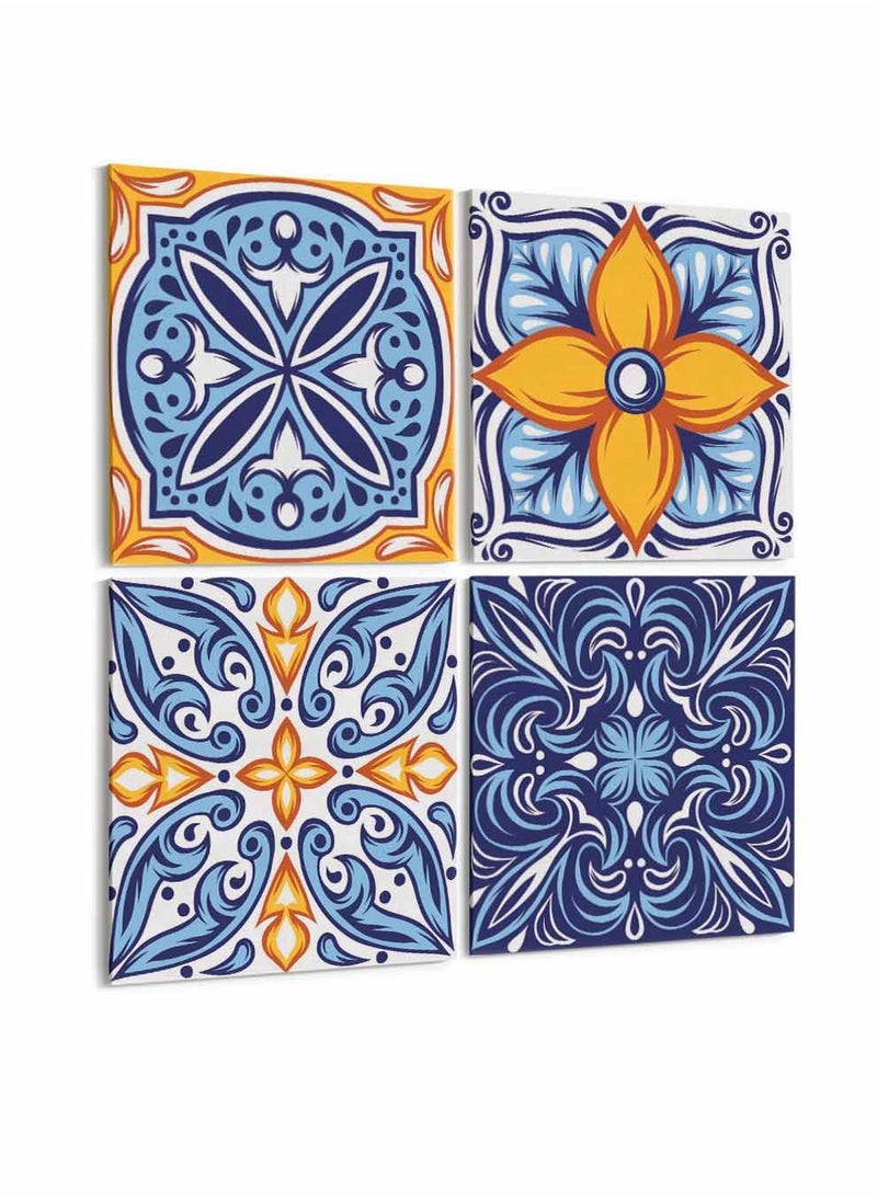 LOWHA Set Of 4 Framed Square Canvas Wall Arts Stretched Over Wooden Frame, Talavera Folk Ornament Painting, For Home, Living Room, Office Decor  - Image 4