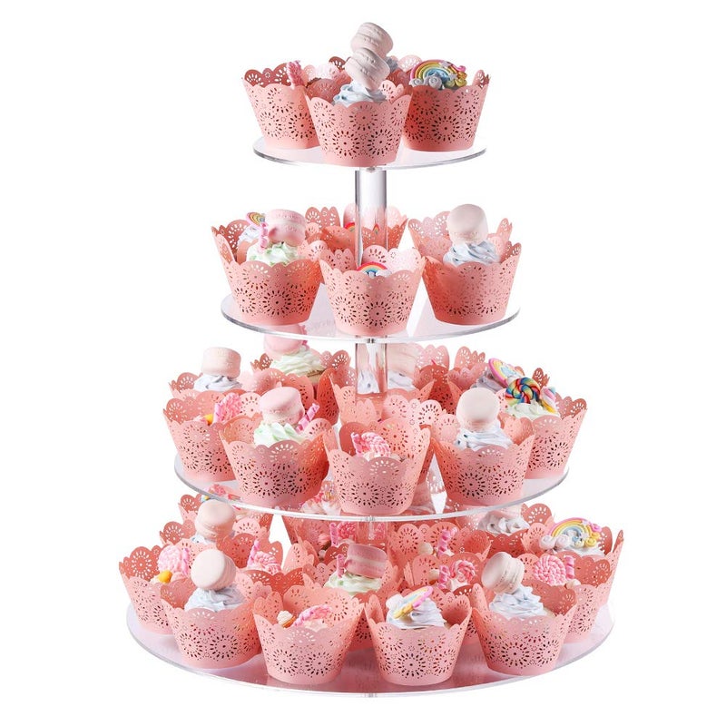 Boxalls Cupcake Stand 4 Tier Round Acrylic Cupcake Display Stand Holder Clear Dessert Pastry Tower for Wedding Birthday Theme Party Baby Shower
