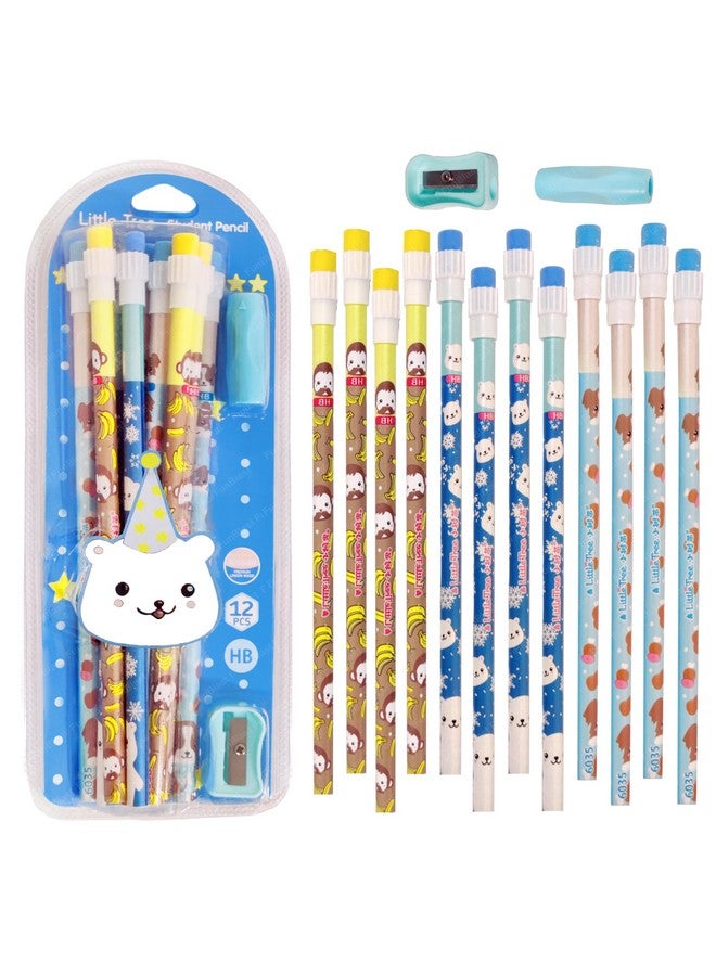 FunBlast Pencil Set for Kids - 12 Pcs Pencil Set with Sharpener, Erasers and pencil Grip, Kawaii Pencil Set, Pencil Stationery Kit for Kids, Boys and Girls, Return Gifts for Kids (Blue) - Image 1