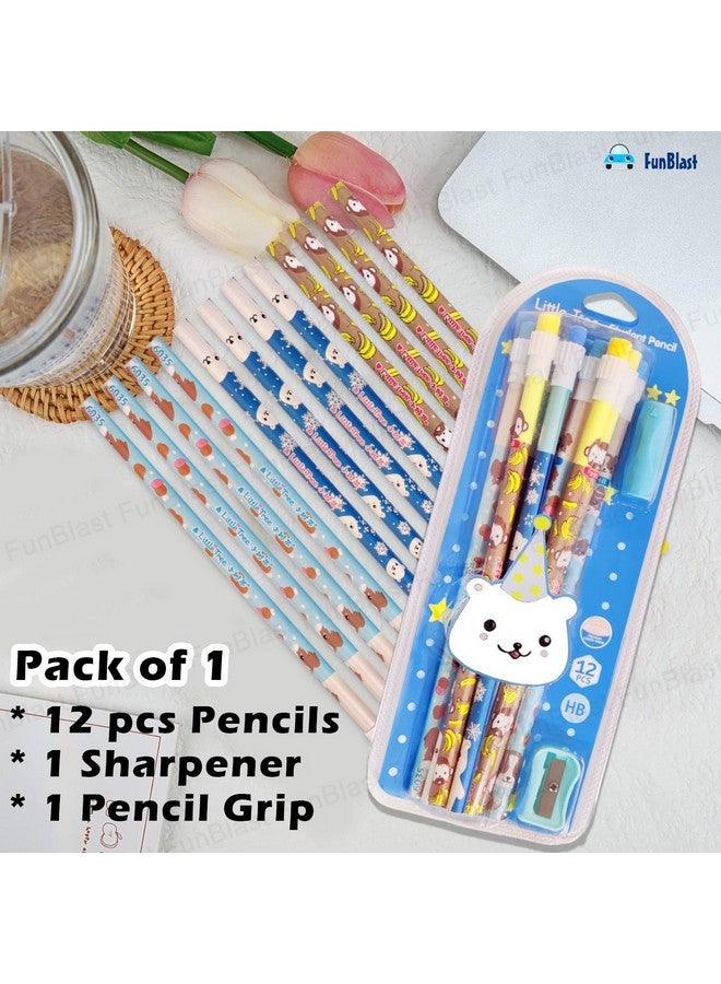 FunBlast Pencil Set for Kids - 12 Pcs Pencil Set with Sharpener, Erasers and pencil Grip, Kawaii Pencil Set, Pencil Stationery Kit for Kids, Boys and Girls, Return Gifts for Kids (Blue) - Image 3