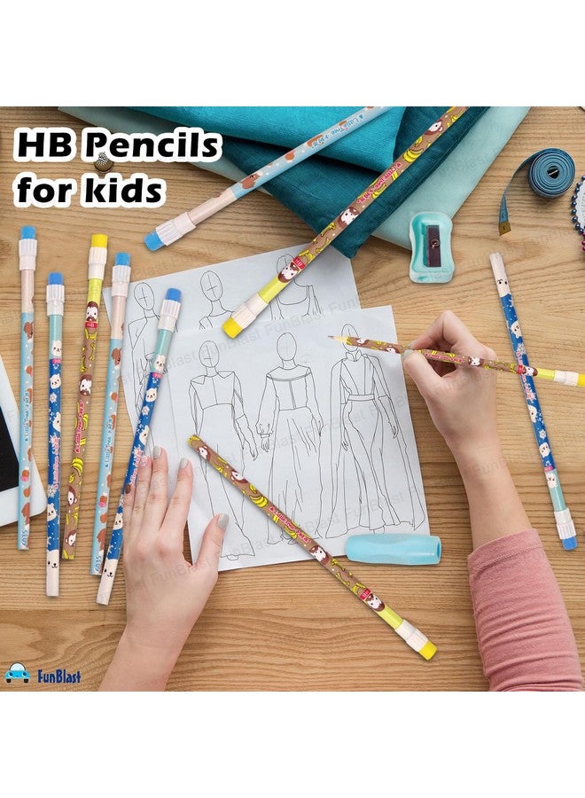FunBlast Pencil Set for Kids - 12 Pcs Pencil Set with Sharpener, Erasers and pencil Grip, Kawaii Pencil Set, Pencil Stationery Kit for Kids, Boys and Girls, Return Gifts for Kids (Blue) - Image 5