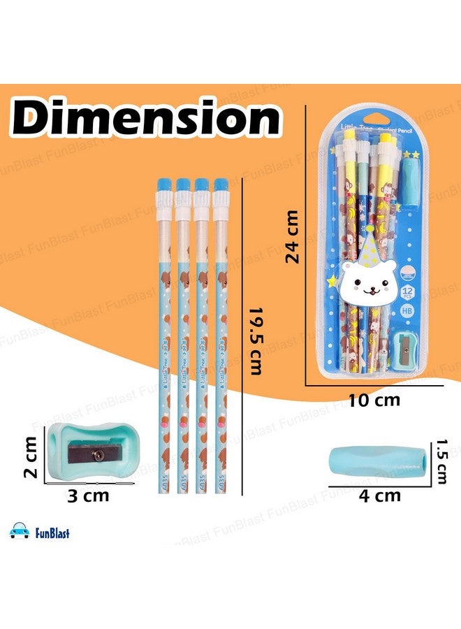FunBlast Pencil Set for Kids - 12 Pcs Pencil Set with Sharpener, Erasers and pencil Grip, Kawaii Pencil Set, Pencil Stationery Kit for Kids, Boys and Girls, Return Gifts for Kids (Blue) - Image 2