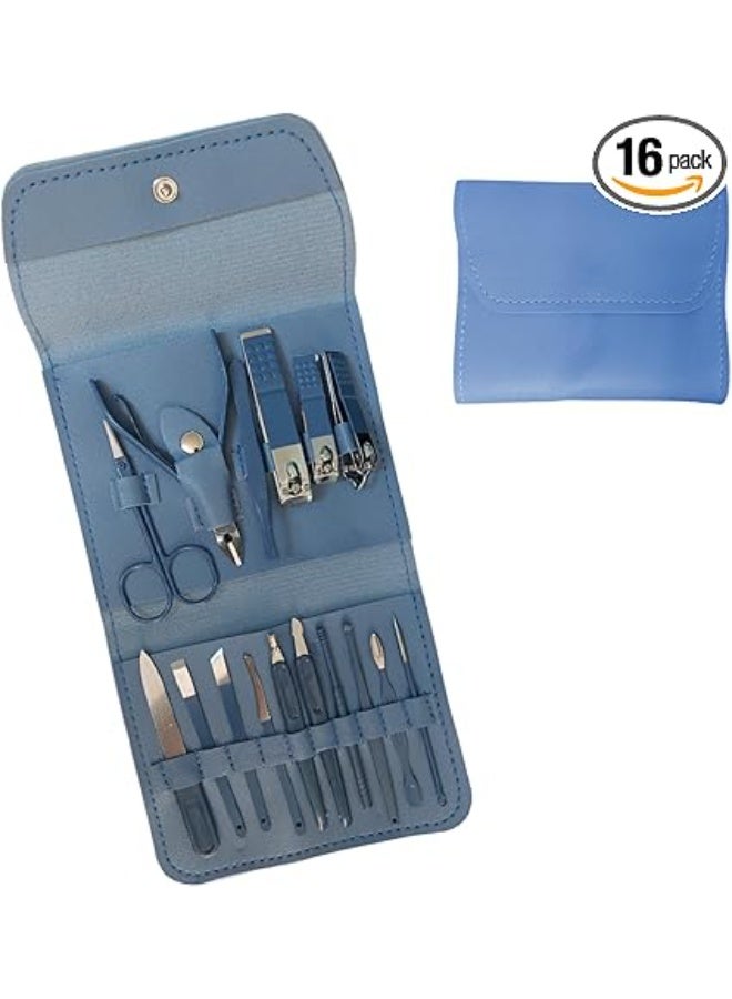 Manicure Set, Professional Nail Clippers Pedicure Kit, Stainless Steel Nail Care Tools, Grooming Kit with Luxurious Travel Leather Case for Thick Nails Men Women Gift (16PCS, Blue) - Image 2