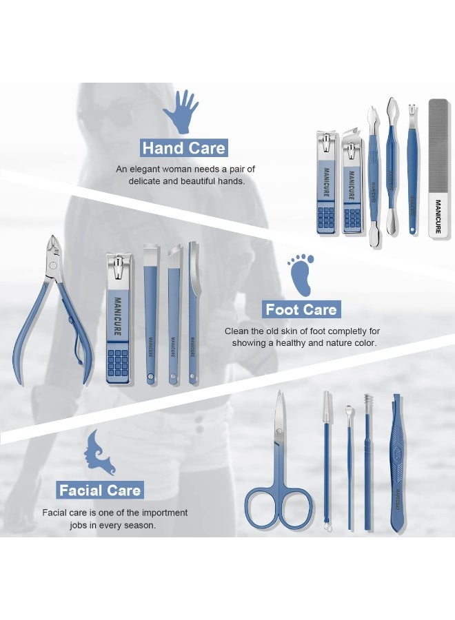 Manicure Set, Professional Nail Clippers Pedicure Kit, Stainless Steel Nail Care Tools, Grooming Kit with Luxurious Travel Leather Case for Thick Nails Men Women Gift (16PCS, Blue) - Image 1