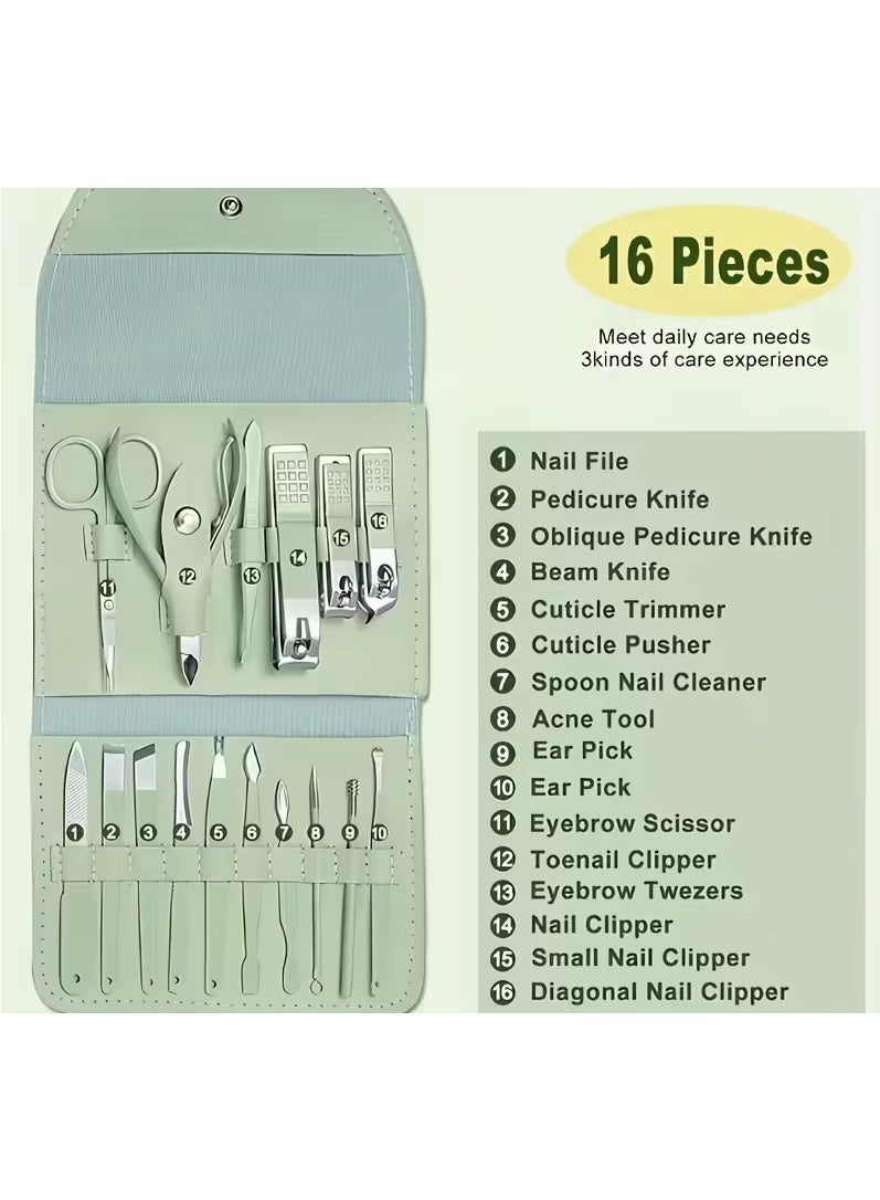 Manicure Set, Professional Nail Clippers Pedicure Kit, Stainless Steel Nail Care Tools, Grooming Kit with Luxurious Travel Leather Case for Thick Nails Men Women Gift (16PCS) - Image 2