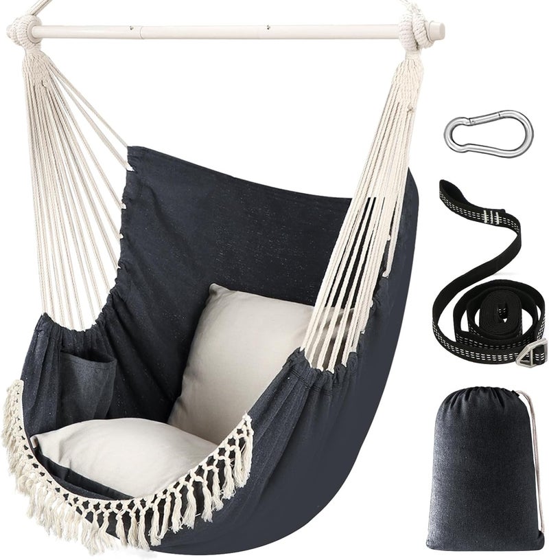 Chihee Hammock Chair Hanging Swing Max 500 Lbs 2 Cushions Included Steel Spreader Bar with Anti-Slip Grooves Portable Hanging Chair Side Pocket Large Macrame Bohemian Chair Indoor Outdoor - Image 1