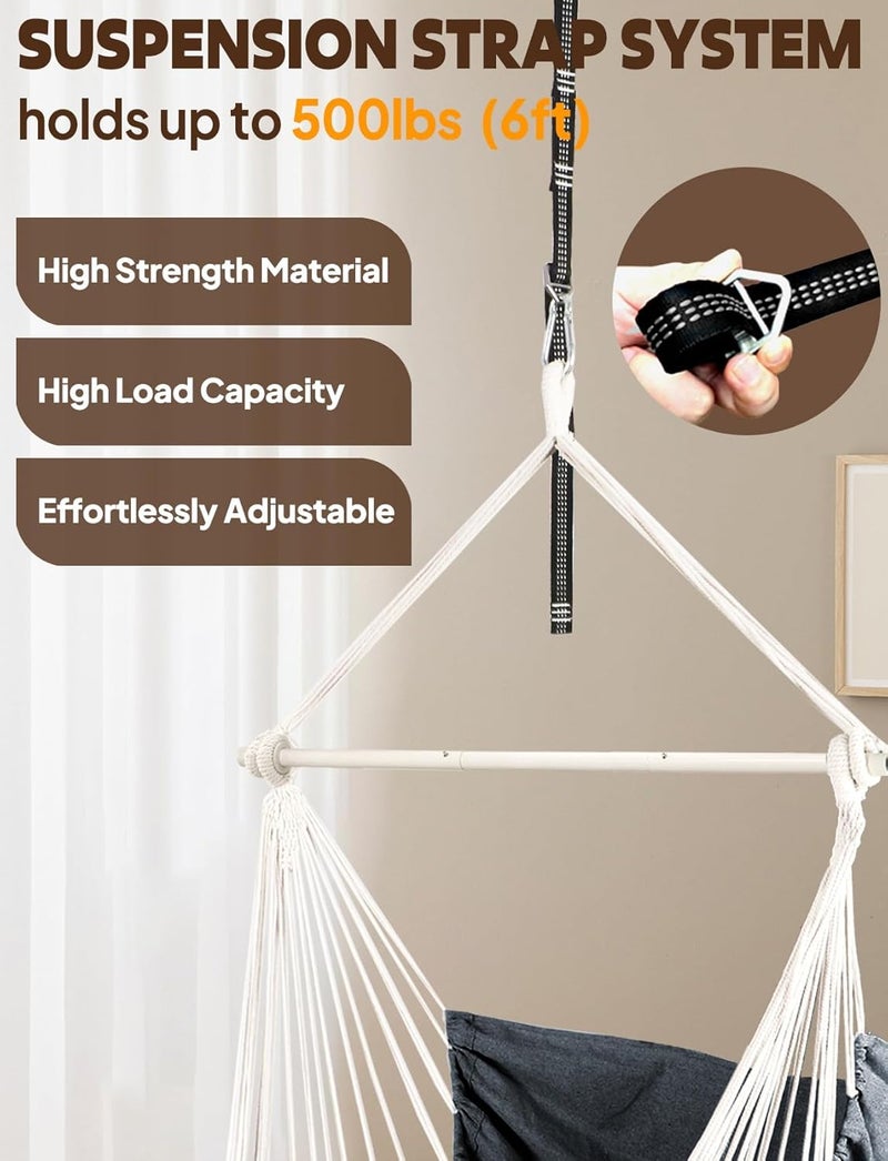Chihee Hammock Chair Hanging Swing Max 500 Lbs 2 Cushions Included Steel Spreader Bar with Anti-Slip Grooves Portable Hanging Chair Side Pocket Large Macrame Bohemian Chair Indoor Outdoor - Image 3