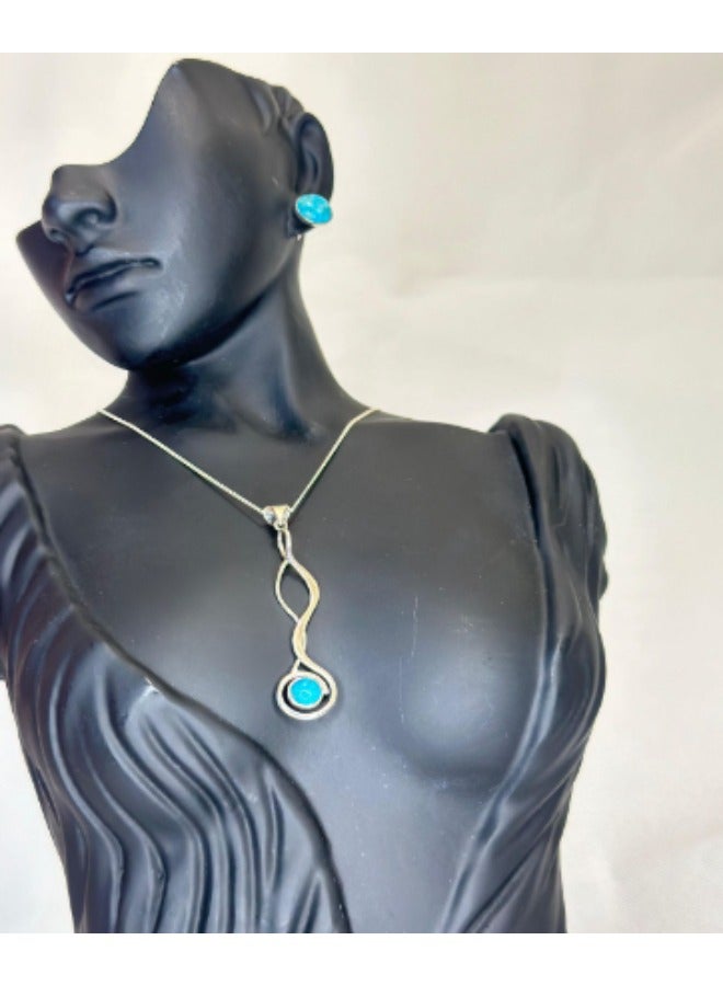 Sterling Silver 925 Stud Earrings and Necklace Set with Real Turquoise Stone – Elegant 6 cm Long Earrings for Women - Image 1