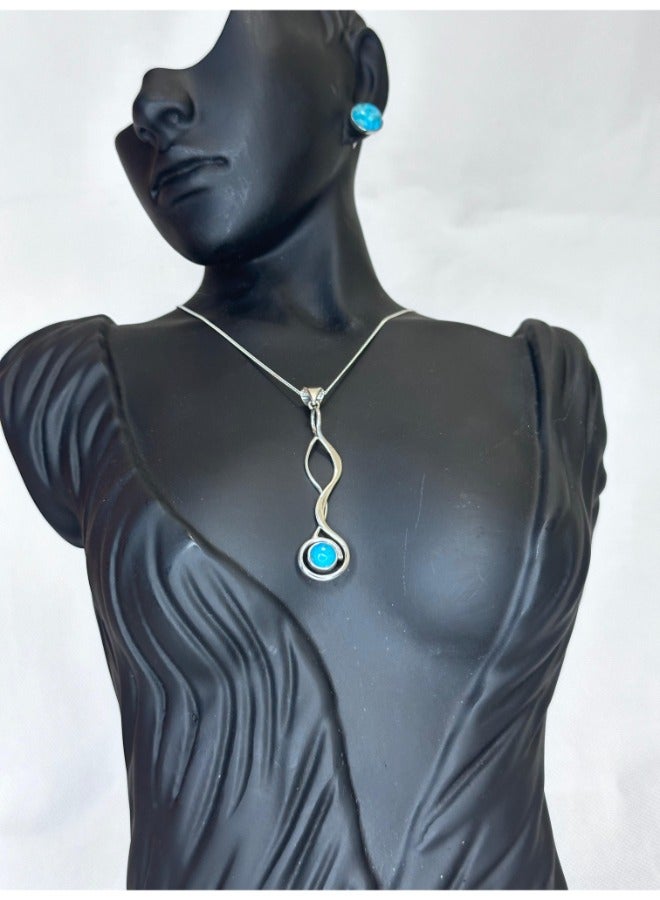 Sterling Silver 925 Stud Earrings and Necklace Set with Real Turquoise Stone – Elegant 6 cm Long Earrings for Women - Image 2
