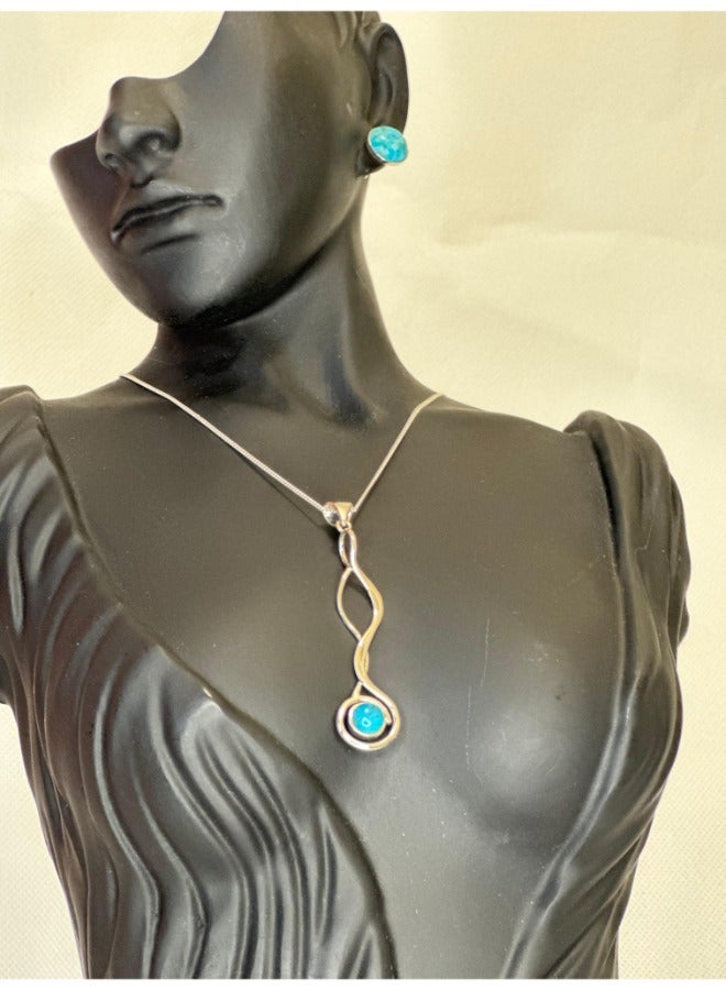 Sterling Silver 925 Stud Earrings and Necklace Set with Real Turquoise Stone – Elegant 6 cm Long Earrings for Women - Image 3