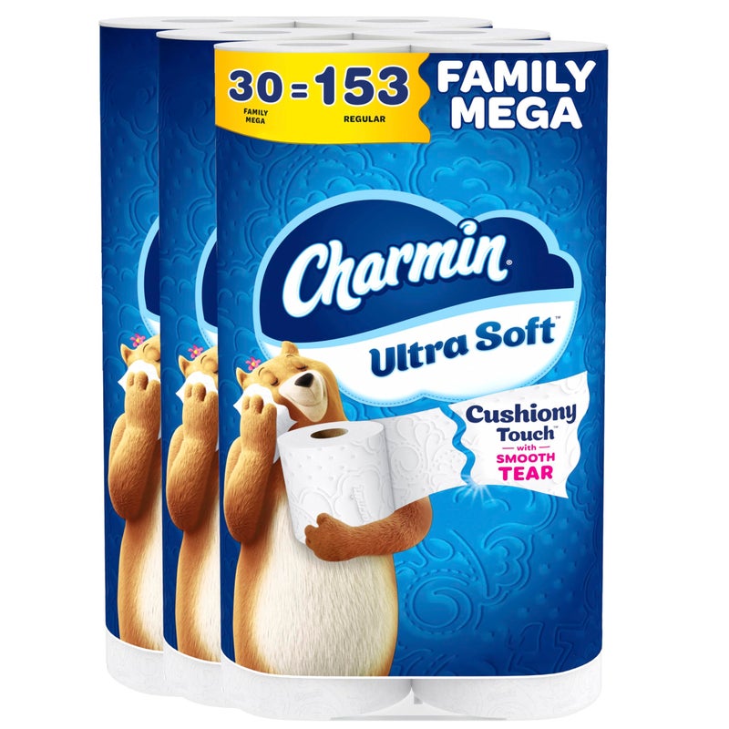 Charmin Ultra Soft Cushiony Touch Toilet Paper, 30 Family Mega = 153 Regular Rolls, 2-Ply, White - Image 1