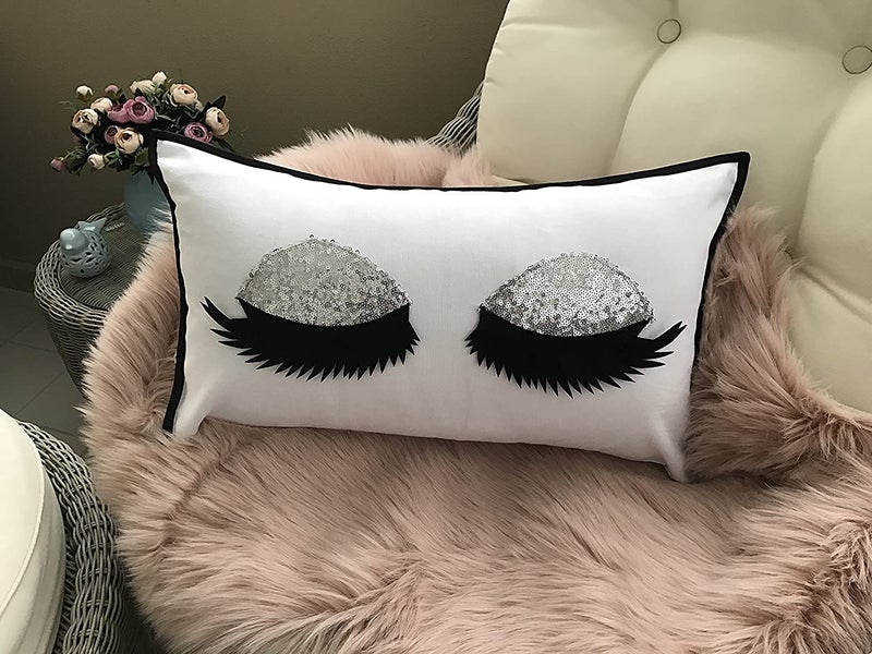 the purple tree Purple Tree Polyester Blend Cute Silver Sequin Eyelash Pillow - 12x18 Inches, Girly Cushion For Girls, Girl Room Decor - Image 4
