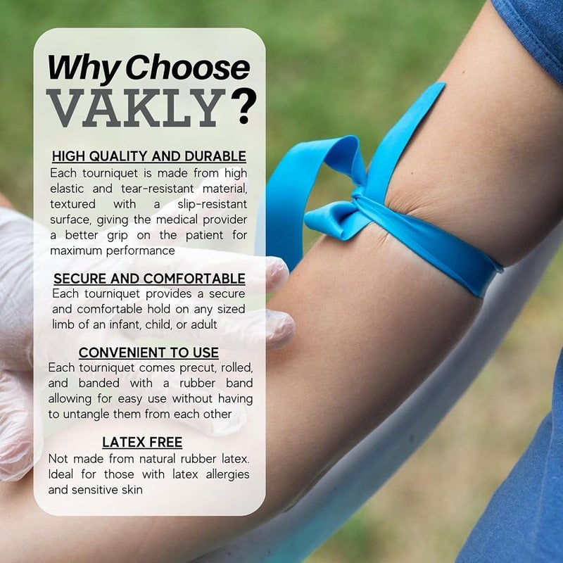 Vakly Disposable Tourniquet 【Pack of 25】 Blue 1 x 18 Inch Long Rolled and Banded Single-Use Elastic Latex-Free First Aid Tourniquets (25) - Image 4