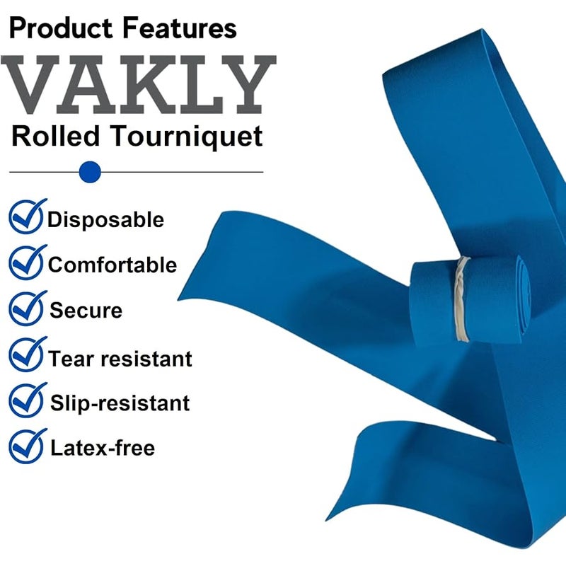 Vakly Disposable Tourniquet 【Pack of 25】 Blue 1 x 18 Inch Long Rolled and Banded Single-Use Elastic Latex-Free First Aid Tourniquets (25) - Image 2