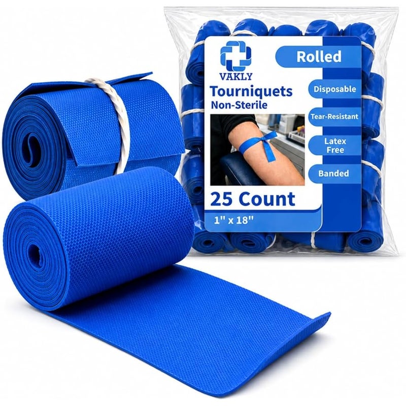 Vakly Disposable Tourniquet 【Pack of 25】 Blue 1 x 18 Inch Long Rolled and Banded Single-Use Elastic Latex-Free First Aid Tourniquets (25) - Image 1