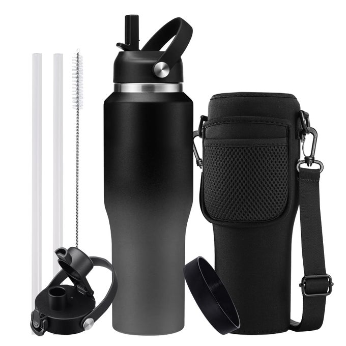 METAL WATER BOTTLE FITSIN CUP HOLDER 32OZ STAINLESS STEEL VACUUM FLASK WITH STRAW POPUP CHUG LID LEAK PROOF WIDE MOUTH THERMO KEEP COLD48H HOT24 FOR WOMEN MEN