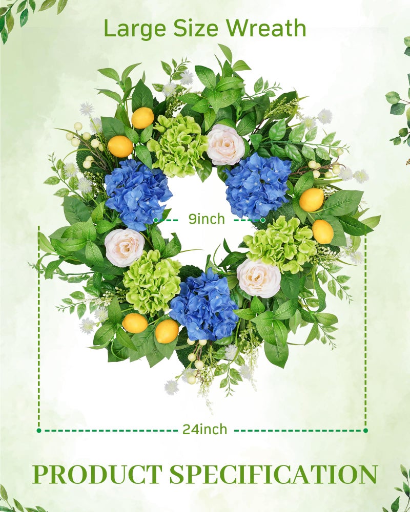 Vlorart 24â€ Spring Summer Wreaths for Front Door,Porch,Window-Large Artificial Hydrangea & Lemon Outdoor Wreath for Home,Farmhouse,Wedding Decor-Outside All Seasons - Image 2
