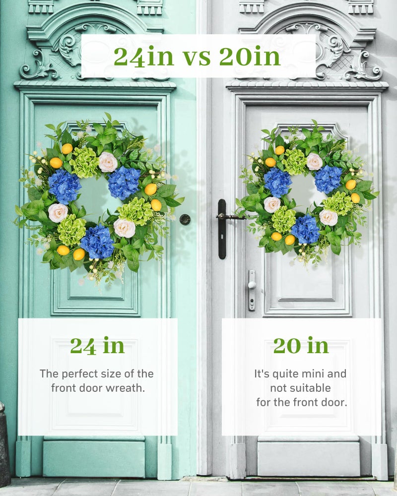 Vlorart 24â€ Spring Summer Wreaths for Front Door,Porch,Window-Large Artificial Hydrangea & Lemon Outdoor Wreath for Home,Farmhouse,Wedding Decor-Outside All Seasons - Image 4