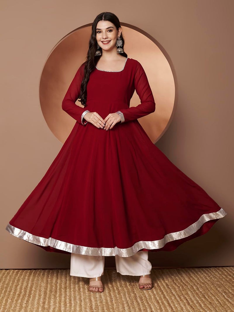 KZA Women's Georgette Hand Embroidered Flared Anarkali Kurta Suit with Full Sleeves for Ethnic Wear Maroon - Image 2