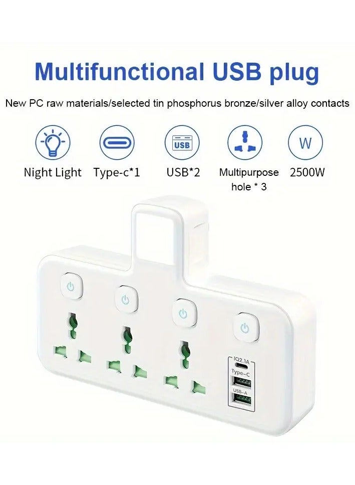 UK Standard Plug  Sockets Power Adapter Multi-Plug Extension Socket  Wall-mounted Independent Switch Power Socket With 3 Sockets  2 USB Ports And 1 Type C White - Image 2