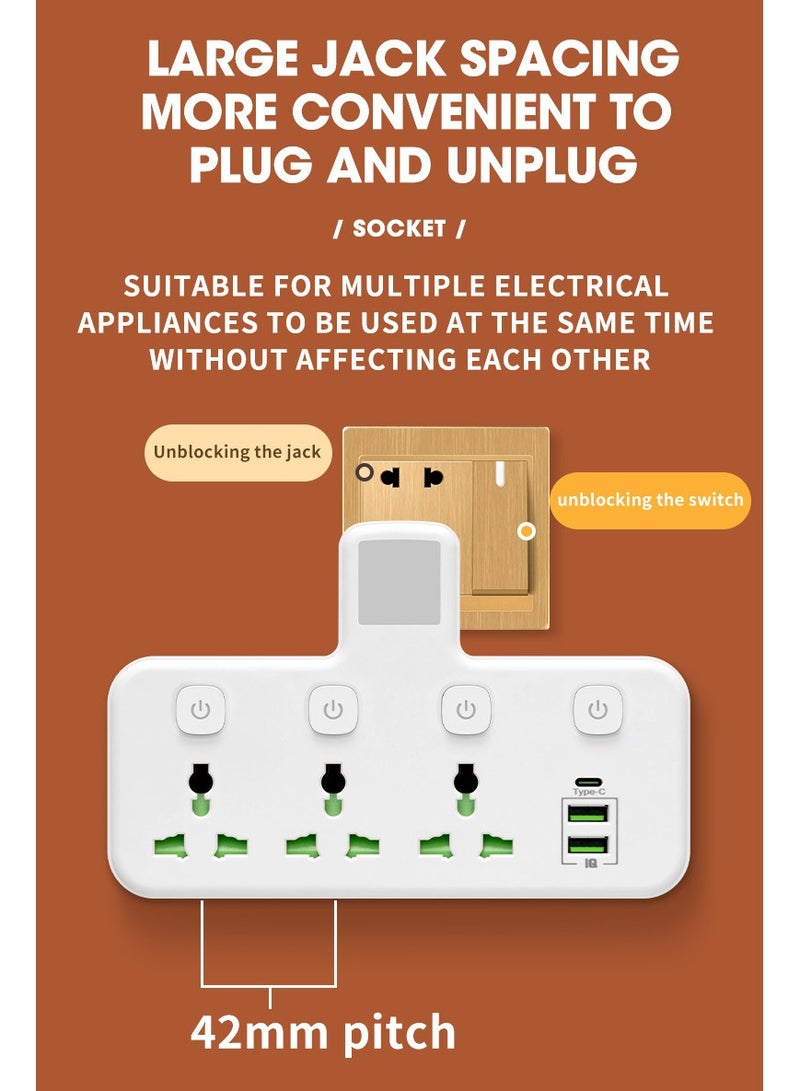 UK Standard Plug  Sockets Power Adapter Multi-Plug Extension Socket  Wall-mounted Independent Switch Power Socket With 3 Sockets  2 USB Ports And 1 Type C White - Image 4