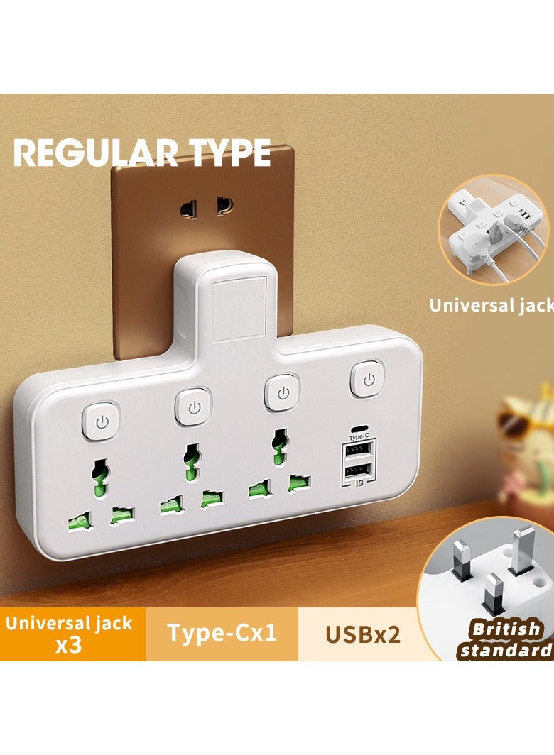 UK Standard Plug  Sockets Power Adapter Multi-Plug Extension Socket  Wall-mounted Independent Switch Power Socket With 3 Sockets  2 USB Ports And 1 Type C White - Image 1