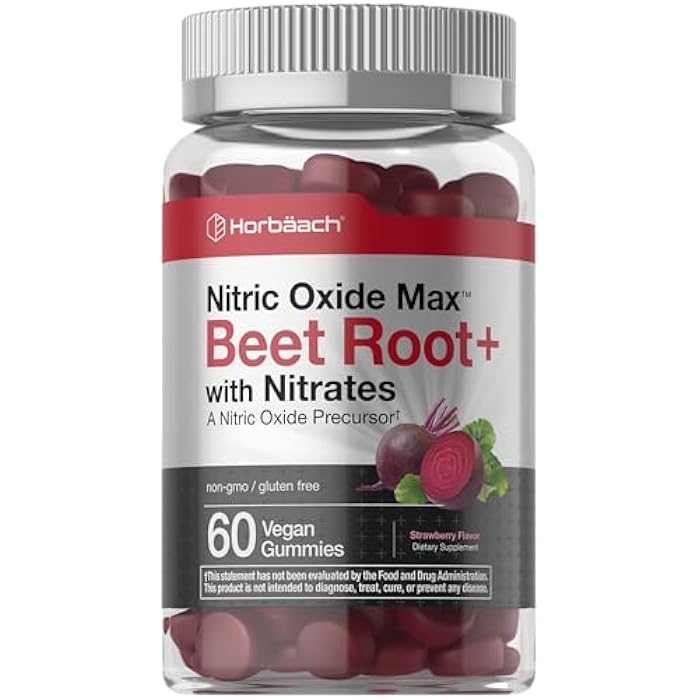Horbäach Nitric Oxide Beet Root Gummies | 60 Count | with Nitrates | Strawberry Flavor | Vegan, Non-GMO, Gluten Free Supplement - Image 1