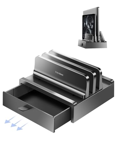 Vaydeer Vertical Laptop Stand with DrawerDual Slots Plastic Laptop Holder Storage with Space Saving 4in1 DesignAdjustable Laptop Organizer Stand for DeskSupports MacBookChromebookSurfaceDell - Image 1