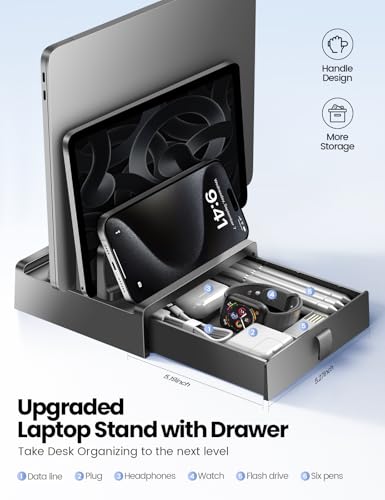 Vaydeer Vertical Laptop Stand with DrawerDual Slots Plastic Laptop Holder Storage with Space Saving 4in1 DesignAdjustable Laptop Organizer Stand for DeskSupports MacBookChromebookSurfaceDell - Image 3