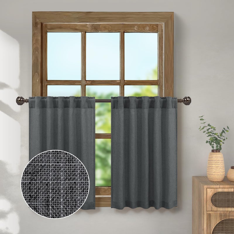 Pitalk داكن رمادي الستائر المطبخ للنافذة الصغيرة 36 ​​بوصة طول 2 عبوة الخلفية الجيب الجيب البدائي Farmhouse Cafe Semi Semi Sterts Short Gray Linen Stertains لغرفة نوم الحمام 3 قدم × 3 قدم - Image 1