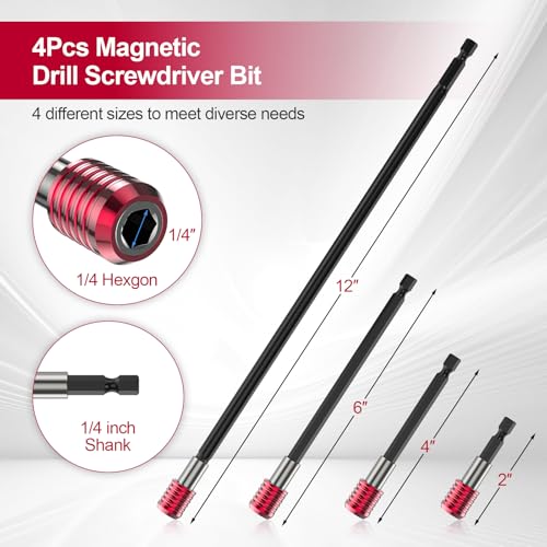 Buhobha 4PCS Drill Bit Extension Set, 1/4" Hex Shank Magnetic Bit Holder in 2", 4", 6", 12" Lengths, Cr-V Steel for Impact Driver, Screwdriver Bits, Nuts & Sockets - Image 4