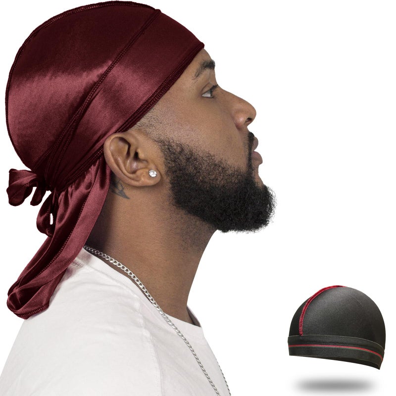 ForceWave Silky Durag for Men Wave Cap Satin Dorag for Men Women 360 Wave (Burgundy) - Image 1