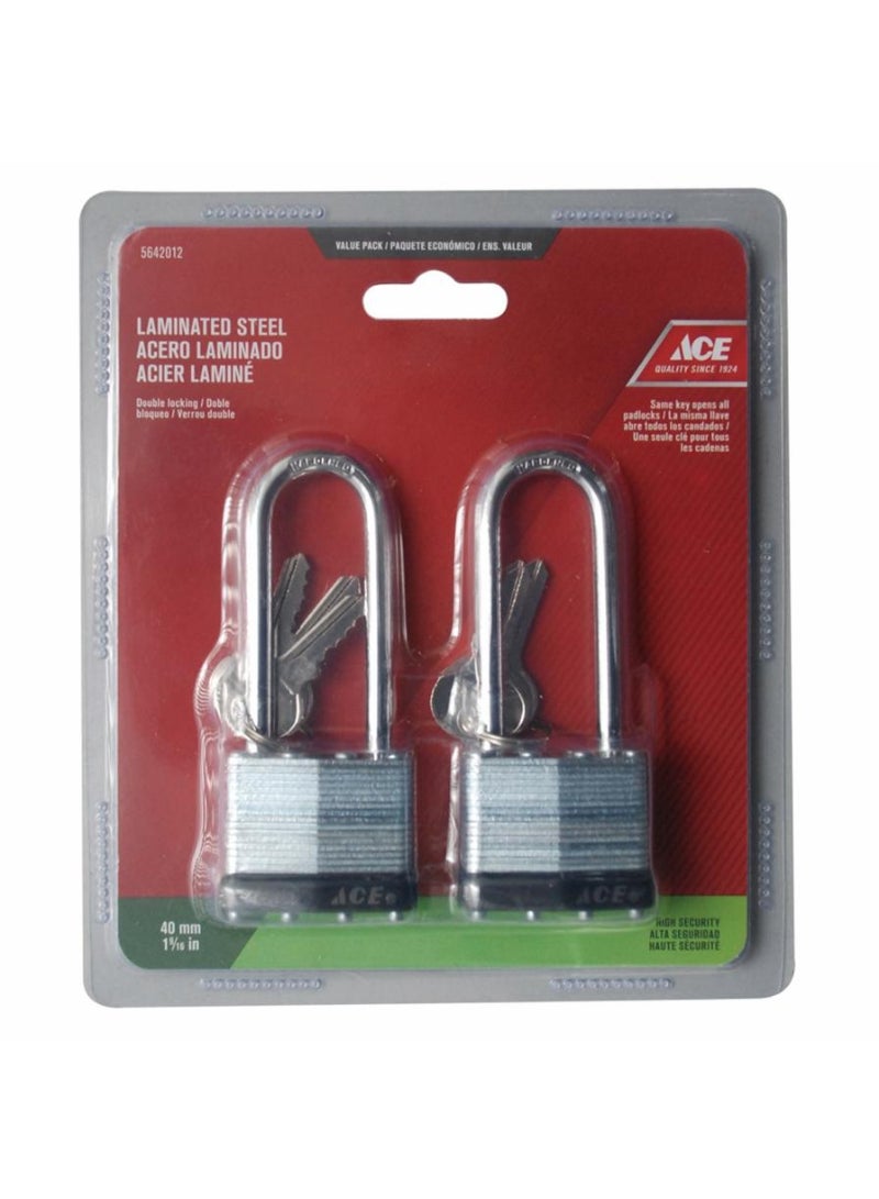 ACE Laminated Long Shackle Padlocks W Keys 4 cm, 2 Pc