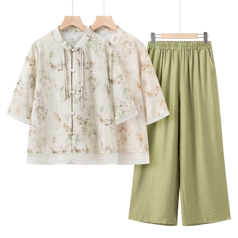 Mother'S Summer Short-Sleeved Floral Shirt Set Western Style Chinese Style National Style Two-Piece Set - Image 3