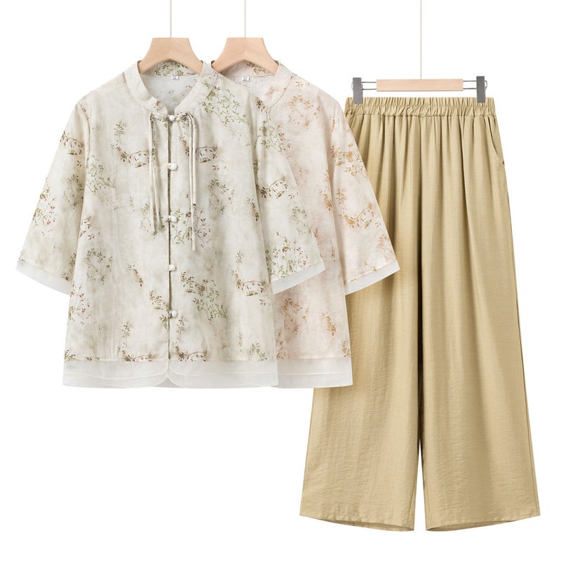 Mother'S Summer Short-Sleeved Floral Shirt Set Western Style Chinese Style National Style Two-Piece Set - Image 2