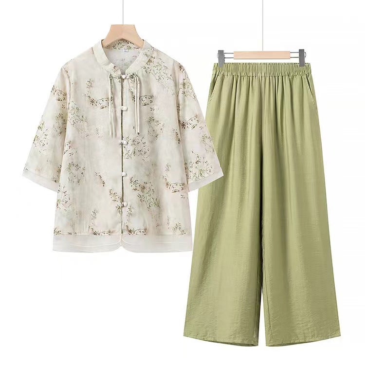 Mother'S Summer Short-Sleeved Floral Shirt Set Western Style Chinese Style National Style Two-Piece Set - Image 1